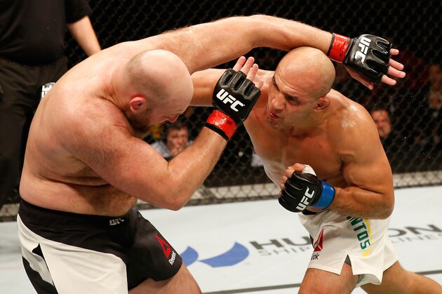 ZAGREB, CROATIA - APRIL 10:   (R-L) Junior Dos Santos punches Ben Rothwell in their heavyweight bout during the UFC Fight Night event at the Arena Zagreb on April 10, 2016 in Zagreb, Croatia. (Photo by Srdjan Stevanovic/Zuffa LLC/Zuffa LLC via Getty Images)