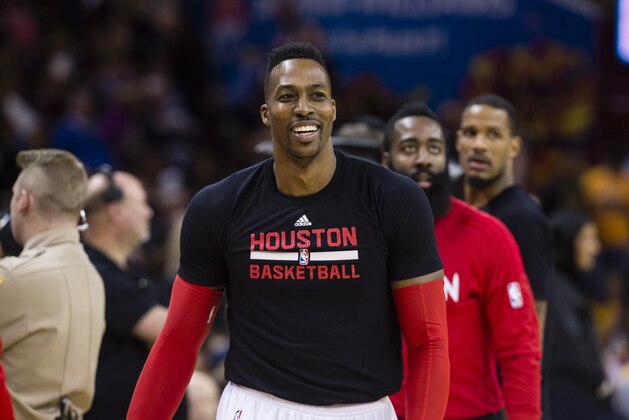 CLEVELAND, OH - MARCH 29: Dwight Howard #12 of the Houston Rockets warms up on the court prior to the game against the Cleveland Cavaliers at Quicken Loans Arena on March 29, 2016 in Cleveland, Ohio. NOTE TO USER: User expressly acknowledges and agrees that, by downloading and/or using this photograph, user is consenting to the terms and conditions of the Getty Images License Agreement. Mandatory copyright notice. (Photo by Jason Miller/Getty Images)