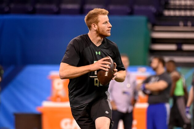 North Dakota State quarterback Carson Wentz runs a drill at the NFL football scouting combine, Saturday, Feb. 27, 2016, in Indianapolis. (AP Photo/L.G. Patterson)