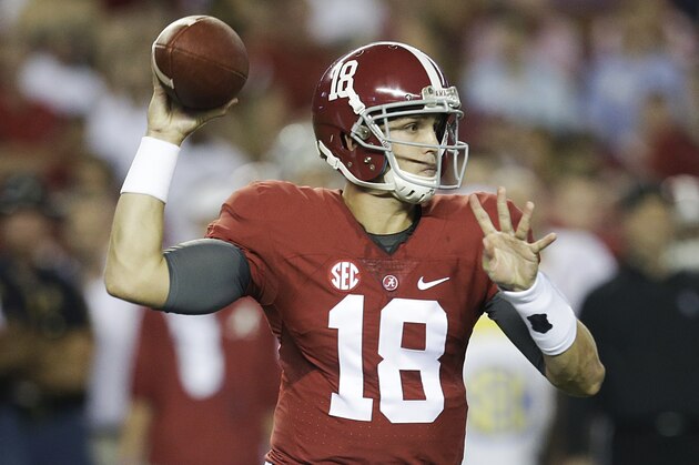 Alabama quarterback Cooper Bateman passes the ball during first half of an NCAA football game against Mississippi, Saturday, Sept. 19, 2015, in Tuscaloosa, Ala. (AP Photo/Butch Dill)