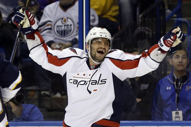 Washington Capitals' Alex Ovechkin, of Russia, celebrates after scoring his third goal of an NHL hockey game during the third period against the St. Louis Blues, Saturday, April 9, 2016, in St. Louis. (AP Photo/Jeff Roberson)