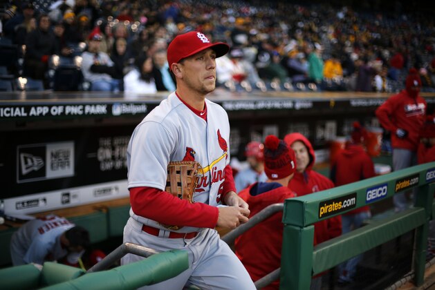 St. Louis Cardinals left fielder Stephen Piscotty (55) takes the field for a baseball game against the Pittsburgh Pirates in Pittsburgh, Tuesday, April 5, 2016. (AP Photo/Gene J. Puskar)
