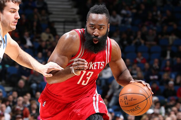 MINNEAPOLIS, MN -  APRIL 11: James Harden #13 of the Houston Rockets handles the ball during the game against the Minnesota Timberwolves on April 11, 2016 at Target Center in Minneapolis, Minnesota. NOTE TO USER: User expressly acknowledges and agrees that, by downloading and or using this Photograph, user is consenting to the terms and conditions of the Getty Images License Agreement. Mandatory Copyright Notice: Copyright 2016 NBAE (Photo by David Sherman/NBAE via Getty Images)