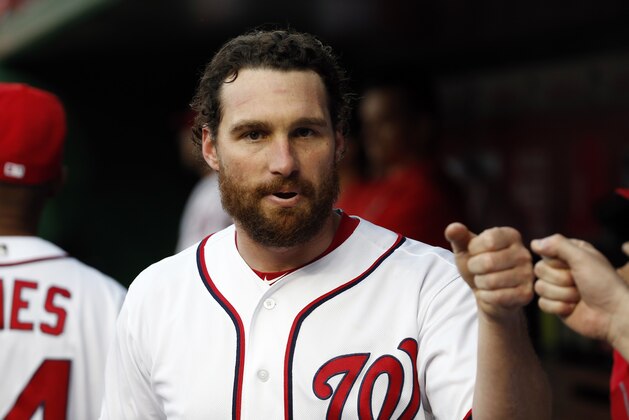 Washington Nationals second baseman Daniel Murphy (20) reacts with his teammates before a baseball game against the Atlanta Braves at Nationals Park, Monday, April 11, 2016, in Washington. (AP Photo/Alex Brandon)