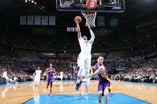 OKLAHOMA CITY, OK- APRIL 11:  Russell Westbrook #0 of the Oklahoma City Thunder shoots the ball against the Los Angeles Lakers on April 11, 2016 at Chesapeake Energy Arena in Oklahoma City, Oklahoma. NOTE TO USER: User expressly acknowledges and agrees that, by downloading and or using this photograph, User is consenting to the terms and conditions of the Getty Images License Agreement. Mandatory Copyright Notice: Copyright 2016 NBAE (Photo by Layne Murdoch/NBAE via Getty Images)