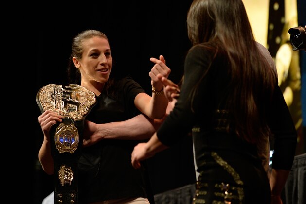 LAS VEGAS, NV - MARCH 4:   (L-R) UFC strawweight champion Joanna Jedrzejczyk and Claudia Gadelha face off during the UFC Unstoppable Launch Press Conference in the MGM Grand Garden Arena on March 4, 2016 in Las Vegas, Nevada. (Photo by Brandon Magnus/Zuffa LLC/Zuffa LLC via Getty Images)