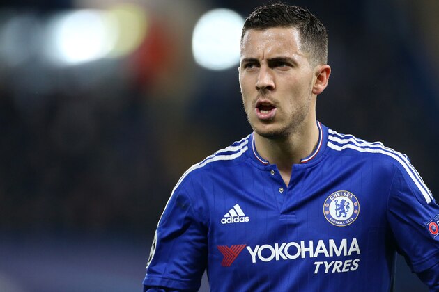 LONDON, ENGLAND - MARCH 9: Eden Hazard of Chelsea looks on during the UEFA Champions League round of 16 second leg match between Chelsea FC and Paris Saint-Germain at Stamford Bridge stadium on March 9, 2016 in London, England. (Photo by Jean Catuffe/Getty Images)