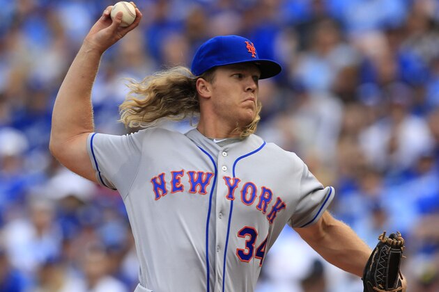 New York Mets starting pitcher Noah Syndergaard delivers to a Kansas City Royals batter during the first inning of a baseball game at Kauffman Stadium in Kansas City, Mo., Tuesday, April 5, 2016. (AP Photo/Orlin Wagner)