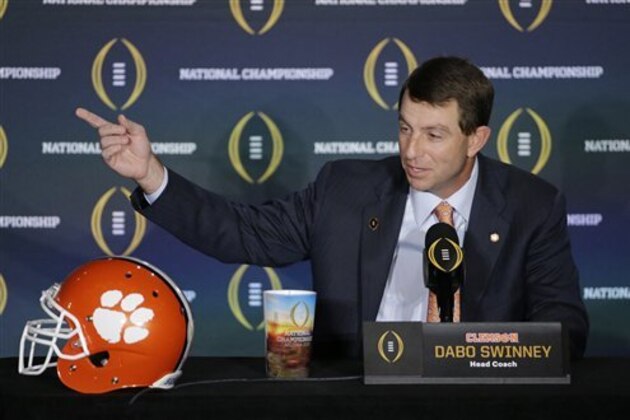 Clemson head coach Dabo Swinney speaks during a news conference for the NCAA college football playoff championship game Sunday, Jan. 10, 2016, in Glendale, Ariz. (AP Photo/David J. Phillip)