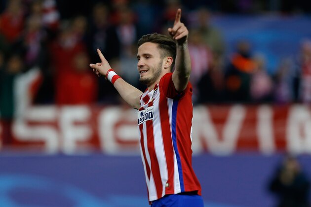 Atletico's Saul Niguez celebrates after scoring  in a penalty shoot out at the end of the Champions League second leg soccer match between Atletico Madrid and PSV Eindhoven at the Vicente Calderon stadium in Madrid, Spain, Tuesday March 15, 2016. Atletico defeated PSV 8-7 in a penalty shoot out after the game ended in a 0-0 draw. (AP Photo/Francisco Seco)