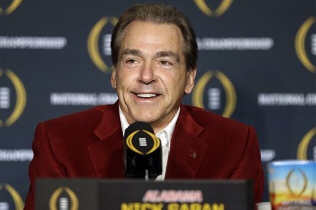 Alabama head coach Nick Saban smiles during a news conference for the NCAA college football playoff championship Tuesday, Jan. 12, 2016, in Scottsdale, Ariz. Alabama beat Clemson 45-40 to win the championship. (AP Photo/David J. Phillip)