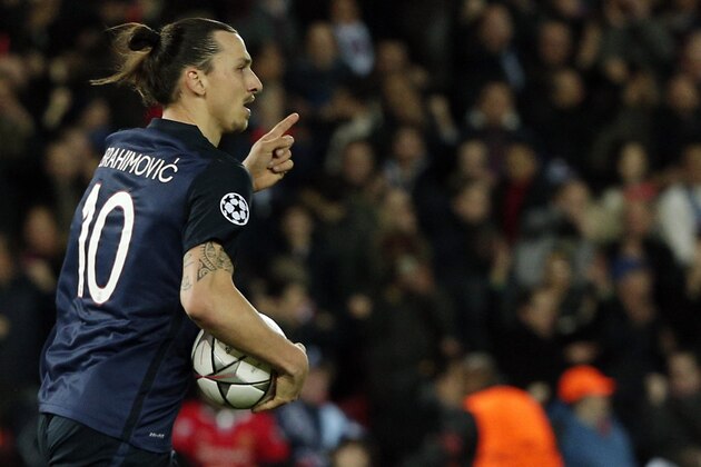 PSG's Zlatan Ibrahimovic holds the ball after scoring during the Champions League quarterfinal first leg soccer match between PSG and Manchester City at the Parc des Princes stadium in Paris, Wednesday, April 6, 2016. (AP Photo/Thibault Camus)