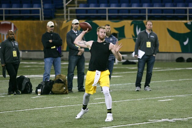 North Dakota State quarterback Carson Wentz is seen during the school's NFL football pro day, Thursday, March 24, 2016, in Fargo, N.D. (AP Photo/Bruce Crummy)