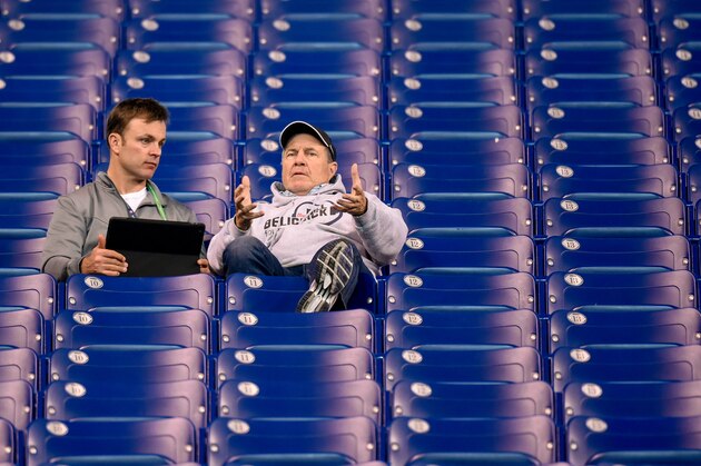 New England Patriots head coach Bill Belichick watches  the NFL football scouting combine from the stands, Saturday, Feb. 27, 2016, in Indianapolis. (AP Photo/L.G. Patterson)