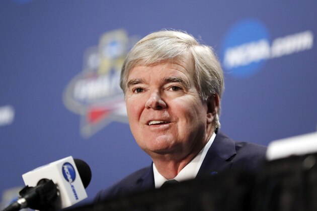 NCAA President Mark Emmert answers questions at a news conference for the NCAA Final Four college basketball tournament Thursday, March 31, 2016, in Houston. (AP Photo/David J. Phillip)