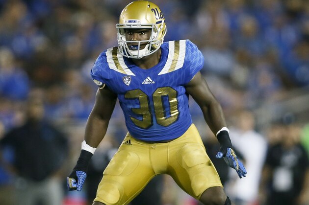 FILE - In this Sept. 19, 2015, file photo, UCLA linebacker Myles Jack is shown during an NCAA college football game against BYU, in Pasadena, Calif. Football fans see the NFL’s annual scouting combine as merely a numbers game that comes down to the times, jumps and drills they see on television. NFL executives are more interested in getting behind-the-scenes answers through medical checks and personal interviews. (AP Photo/Danny Moloshok, File)