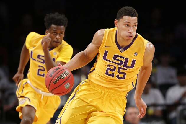 FILE - In this Nov. 24, 2015, file photo, LSU forward Ben Simmons (25) drives downcourt as teammate Antonio Blakeney (2) follows in the first half of an NCAA college basketball game against North Carolina State in New York. For all of his gaudy numbers, Simmons is still trying to figure out the best way to put the Tigers in position to win. And now the schedule gets harder, starting with Tuesday night's, Dec. 29, 2015, tilt against Wake Forest, followed by the opening of Southeastern Conference play against Vanderbilt and No. 10 Kentucky. (AP Photo/Kathy Willens, File)