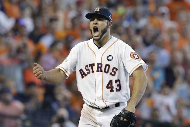 Houston Astros' Lance McCullers reacts after the third out against the Kansas City Royals in the top of the sixth inning during Game 4 of baseball's American League Division Series, Monday, Oct. 12, 2015, in Houston. (AP Photo/Pat Sullivan)