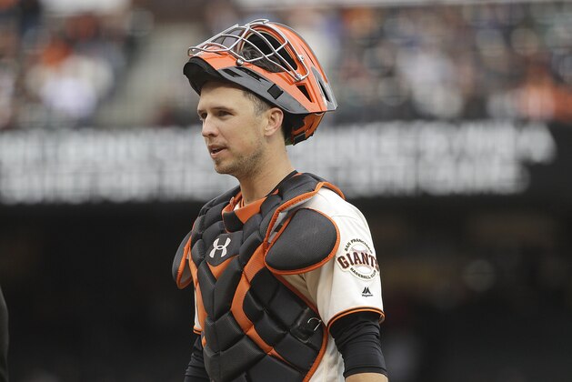San Francisco Giants catcher Buster Posey against the Los Angeles Dodgers during a baseball game in San Francisco, Saturday, April 9, 2016. (AP Photo/Jeff Chiu)