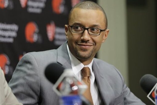 FILE - In this Jan. 13, 2016, file photo, Executive Vice President of Football Operations Sashi Brown addresses the media during a news conference in Berea, Ohio. The Browns are not in any rush to make a decision on quarterback Johnny Manziel’s future. Sashi Brown, the team’s newly appointed vice president of football operations, said Thursday, Jan. 21, 2016,  the team is “not in any panic to make any decision one way or another on him.”  (AP Photo/Tony Dejak, File)