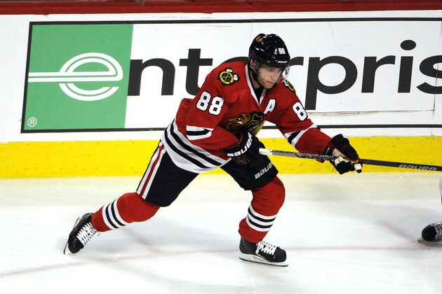 Chicago Blackhawks right wing Patrick Kane (88) skates against the Arizona Coyotes during the second period in an NHL hockey game Tuesday, April 5, 2016, in Chicago. The Blackhawks won 6-2. (AP Photo/David Banks)