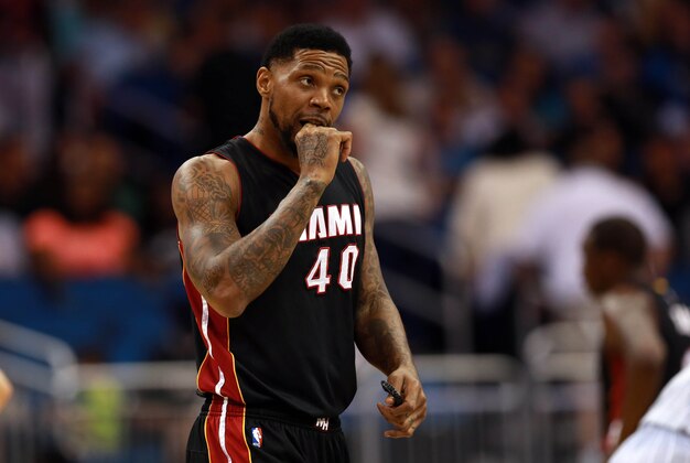 Apr 8, 2016; Orlando, FL, USA; Miami Heat forward Udonis Haslem (40) bits his hand after he got called for a foul against the Orlando Magic during the first  half at Amway Center. Mandatory Credit: Kim Klement-USA TODAY Sports
