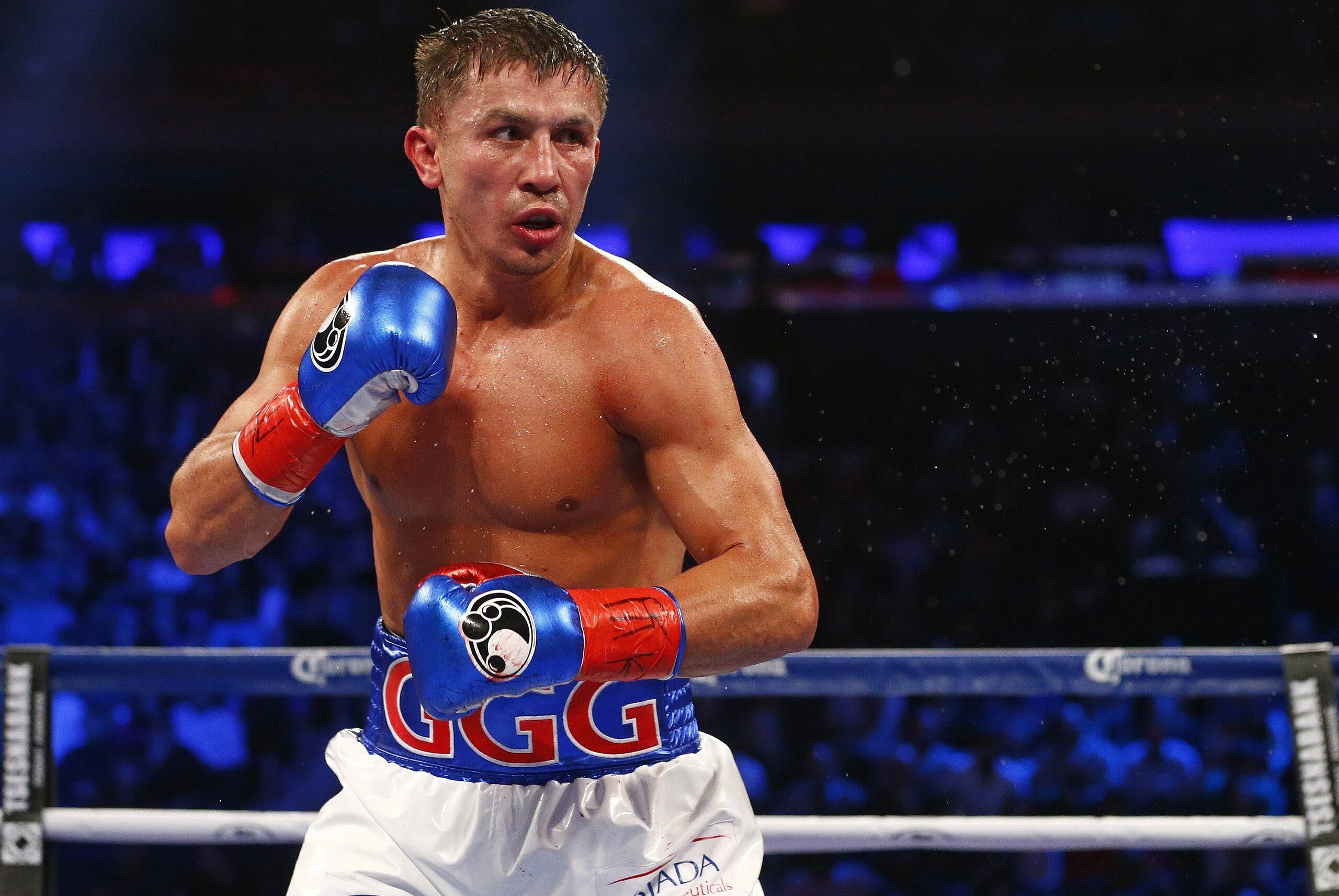 Gennady Golovkin in action against David Lemieux in a World middleweight championship title unification bout at Madison Square Garden in New York on Saturday, Oct. 17, 2015. Golovkin won by a TKO in the eighth round. (AP Photo/Rich Schultz)