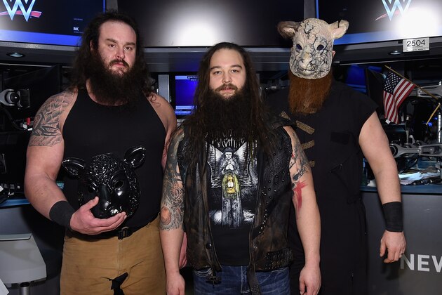 NEW YORK, NY - MARCH 29:  WWE Superstars Braun Strowman, Bray Wyatt and Erick Rowan ring The New York Stock Exchange Opening Bell in honor of WrestleMania 32  at New York Stock Exchange on March 29, 2016 in New York City.  (Photo by Jamie McCarthy/Getty Images)