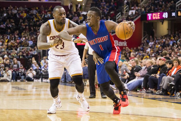 CLEVELAND, OH - FEBRUARY 22: LeBron James #23 of the Cleveland Cavaliers puts pressure on Reggie Jackson #1 of the Detroit Pistons during the second half at Quicken Loans Arena on February 22, 2016 in Cleveland, Ohio. The Pistons defeated the Cavaliers 96-88. NOTE TO USER: User expressly acknowledges and agrees that, by downloading and/or using this photograph, user is consenting to the terms and conditions of the Getty Images License Agreement. Mandatory copyright notice. (Photo by Jason Miller/Getty Images)