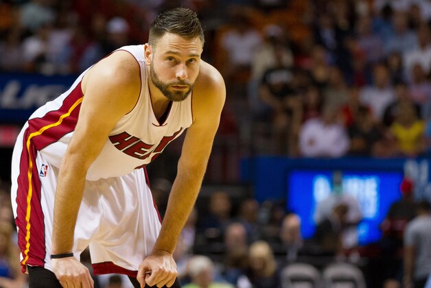 Mar 28, 2016; Miami, FL, USA; Miami Heat forward Josh McRoberts (4) takes a breather during the second half against the Brooklyn Nets at American Airlines Arena. The Heat won 110-99. Mandatory Credit: Steve Mitchell-USA TODAY Sports