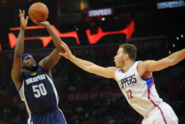 April 12, 2016; Los Angeles, CA, USA; Memphis Grizzlies forward Zach Randolph (50) shoots the ball against Los Angeles Clippers forward Blake Griffin (32) during the first half at Staples Center. Mandatory Credit: Gary A. Vasquez-USA TODAY Sports