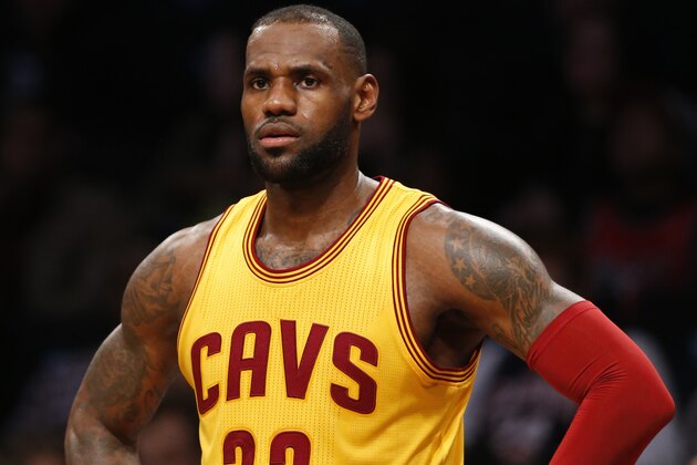 Cleveland Cavaliers forward LeBron James (23) reacts in the first half of an NBA basketball game against the Brooklyn Nets, Thursday, March 24, 2016, in New York. (AP Photo/Kathy Willens)