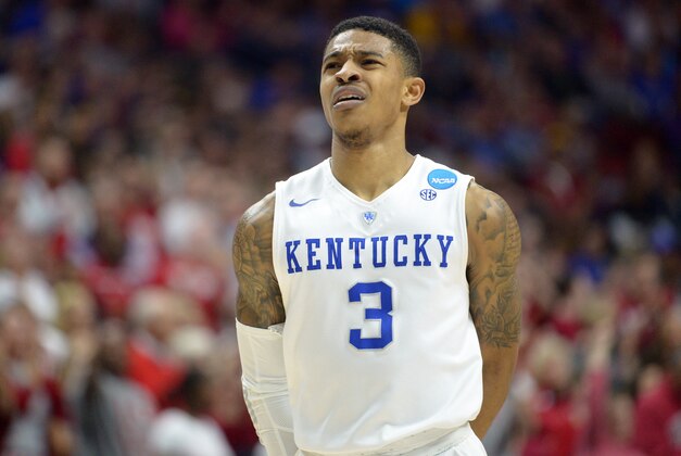 Mar 19, 2016; Des Moines, IA, USA; Kentucky Wildcats guard Tyler Ulis (3) reacts in the second half against the Indiana Hoosiers during the second round of the 2016 NCAA Tournament at Wells Fargo Arena. Mandatory Credit: Steven Branscombe-USA TODAY Sports