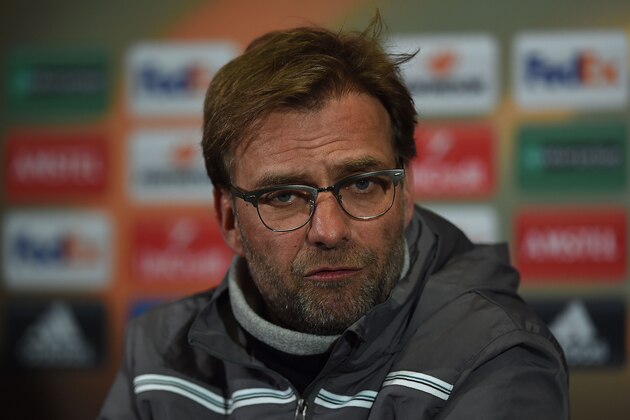 Liverpool's German manager Jurgen Klopp hosts a press conference at Old Trafford in Manchester, north west England, on March 16, 2016.
Manchester United will play Liverpool in a UEFA Europa League second leg football match tomorrow. / AFP / PAUL ELLIS        (Photo credit should read PAUL ELLIS/AFP/Getty Images)