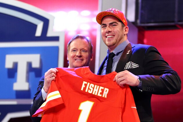 NEW YORK, NY - APRIL 25:  Eric Fisher (R) of Central Michigan Chippewas stands on stage with NFL Commissioner Roger Goodell after Fisher was picked #1 overall by the Kansas City Chiefs in the first round of the 2013 NFL Draft at Radio City Music Hall on April 25, 2013 in New York City.  (Photo by Al Bello/Getty Images)