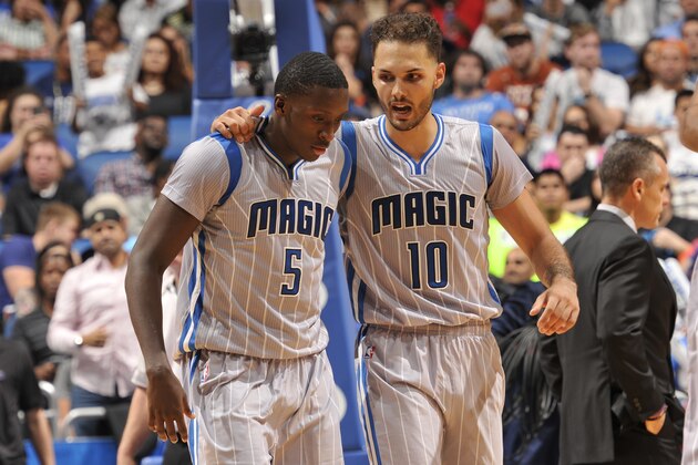 ORLANDO, FL - OCTOBER 30:  Victor Oladipo #5 of the Orlando Magic and Evan Fournier #10 of the Orlando Magic talk during the game against the Oklahoma City Thunder on October 30, 2015 at Amway Center in Orlando, Florida. NOTE TO USER: User expressly acknowledges and agrees that, by downloading and or using this photograph, User is consenting to the terms and conditions of the Getty Images License Agreement. Mandatory Copyright Notice: Copyright 2015 NBAE (Photo by Fernando Medina/NBAE via Getty Images)