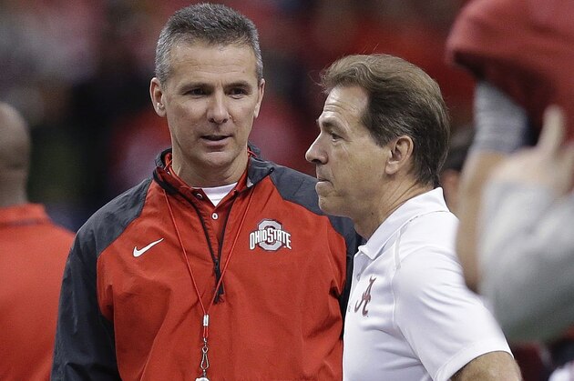 Ohio State head coach Urban Meyer, left, speaks with Alabama head coach Nick Saban before the Sugar Bowl NCAA college football playoff semifinal game, Thursday, Jan. 1, 2015, in New Orleans. (AP Photo/Brynn Anderson) Ohio State head coach Urban Meyer, left, speaks with Alabama head coach Nick Saban before the Sugar Bowl NCAA college football playoff semifinal game, Thursday, Jan. 1, 2015, in New Orleans. (AP Photo/Brynn Anderson)