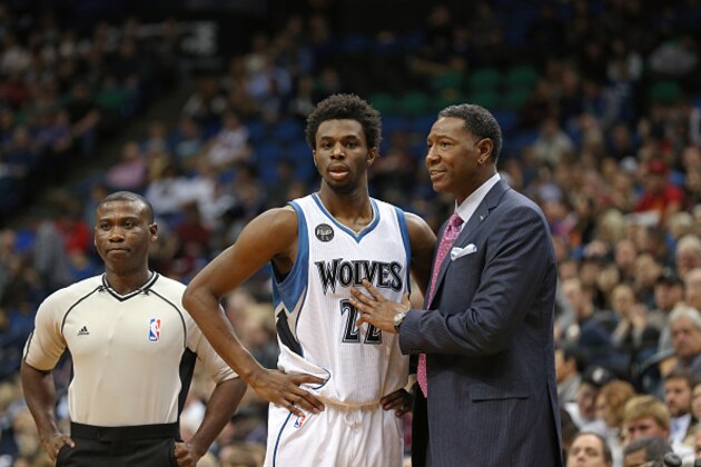 MINNEAPOLIS, MN - NOVEMBER 5:  Andrew Wiggins #22 of the Minnesota Timberwolves talks with Sam Mitchell during the game against the Miami Heat on November 5, 2015 at Target Center in Minneapolis, Minnesota. NOTE TO USER: User expressly acknowledges and agrees that, by downloading and or using this Photograph, user is consenting to the terms and conditions of the Getty Images License Agreement. Mandatory Copyright Notice: Copyright 2015 NBAE (Photo by Jordan Johnson/NBAE via Getty Images)