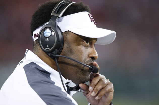 NASHVILLE, TN - DECEMBER 30: Head coach Kevin Sumlin of the Texas A&M Aggies looks on against the Louisville Cardinals during the Franklin American Mortgage Music City Bowl at Nissan Stadium on December 30, 2015 in Nashville, Tennessee. Louisville defeated Texas A&M 27-21. (Photo by Joe Robbins/Getty Images)
