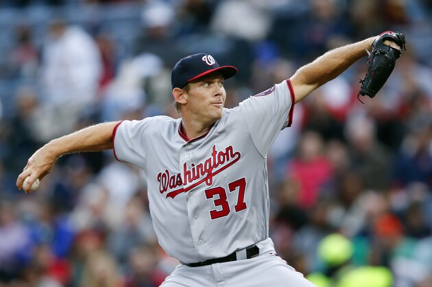 Washington Nationals starting pitcher Stephen Strasburg (37) works in the first inning of a baseball game against the Atlanta Braves Wednesday, April 6, 2016, in Atlanta. (AP Photo/John Bazemore)