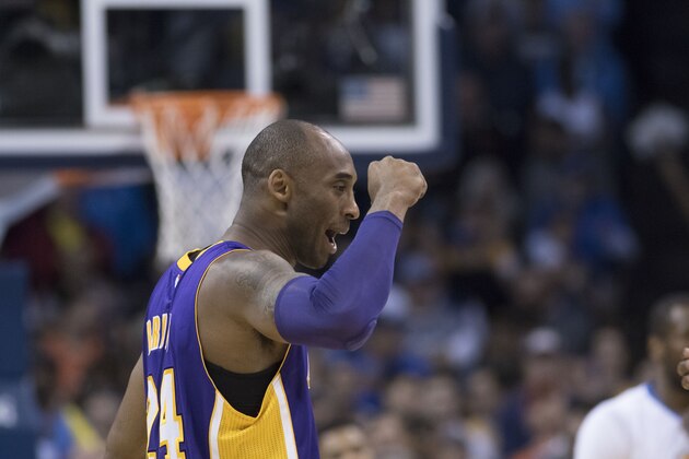 OKLAHOMA CITY, OK - APRIL 11: Kobe Bryant #24 of the Los Angeles Lakers waits for action during a NBA game against the Oklahoma City Thunder  at the Chesapeake Energy Arena on April 11, 2016 in Oklahoma City, Oklahoma. NOTE TO USER: User expressly acknowledges and agrees that, by downloading and or using this photograph, User is consenting to the terms and conditions of the Getty Images License Agreement. (Photo by J Pat Carter/Getty Images)