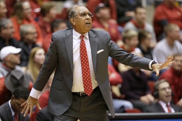 Texas Tech coach Tubby Smith talks to his team during the first half of an NCAA college basketball game against Iowa State, Wednesday, Jan. 6, 2016, in Ames, Iowa. (AP Photo/Charlie Neibergall)