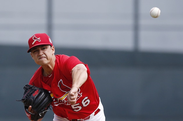 St. Louis Cardinals' starting pitcher Marco Gonzales delivers a ball during the first inning of an exhibition spring training baseball game against the Boston Red Sox, Monday, March 21, 2016, in Jupiter, Fla. (AP Photo/Brynn Anderson)