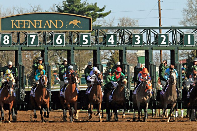 Horses break from the gate to start the 91st running of the Blue Grass Stakes horse race at Keeneland Race Course in Lexington, Ky., Saturday, April. 4, 2015. (AP Photo/Garry Jones)