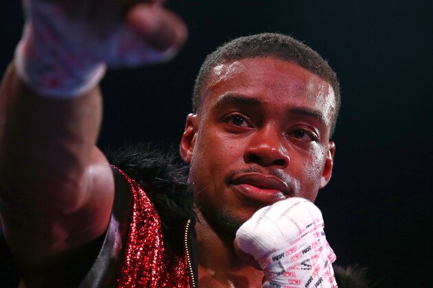 DALLAS, TX - NOVEMBER 28:  Welterweight fighter Errol Spence Jr. celebrates after knocking out Alejandro Barrera during the Premier Boxing Champions at Bomb Factory on November 28, 2015 in Dallas, Texas.  (Photo by Sarah Crabill/Getty Images)