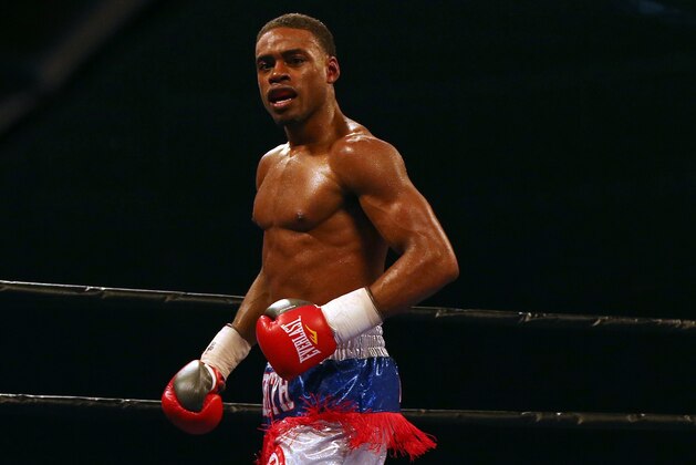 TORONTO, ON - SEPTEMBER 11:  Errol Spence Jr. celebrates his victory against Chris van Heerden during their Premier Boxing Champions bout at the Ricoh Coliseum on September 11, 2015 in Toronto, Ontario, Canada.  (Photo by Vaughn Ridley/Getty Images)