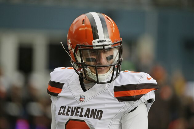 Cleveland Browns quarterback Johnny Manziel stands on the field during warmups before an NFL football game against the Seattle Seahawks, Sunday, Dec. 20, 2015, in Seattle. (AP Photo/Ted S. Warren)