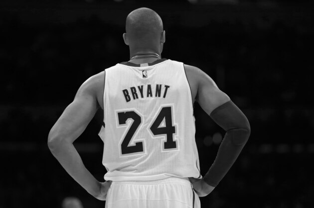 LOS ANGELES, CA - MARCH 27:  (EDITOR'S NOTE: This image has been converted to black and white.) A general view of the back of the jersey of Kobe Bryant