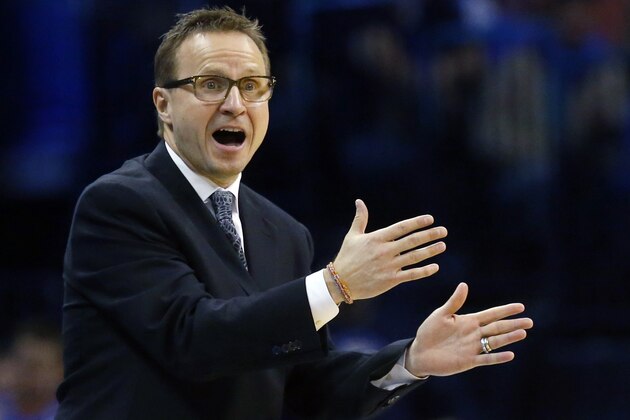 FILE - In this Feb. 25, 2015, file photo, Oklahoma City Thunder coach Scott Brooks gestures to his team during the fourth quarter of an NBA basketball game against the Indiana Pacers in Oklahoma City. The Thunder fired Brooks on Wednesday, April 22, 2015. (AP Photo/Sue Ogrocki, File0