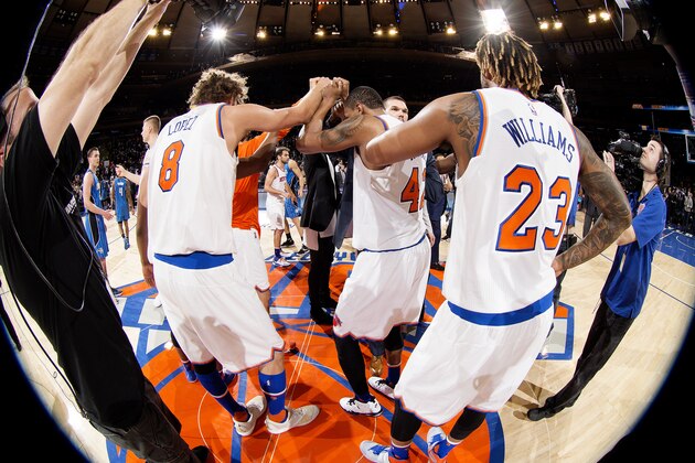 NEW YORK, NY - FEBRUARY 26: The New York Knicks huddle up after the game against the Orlando Magic on February 26, 2016 at Madison Square Garden in New York City, New York.  NOTE TO USER: User expressly acknowledges and agrees that, by downloading and or using this photograph, User is consenting to the terms and conditions of the Getty Images License Agreement. Mandatory Copyright Notice: Copyright 2016 NBAE  (Photo by Nathaniel S. Butler/NBAE via Getty Images)